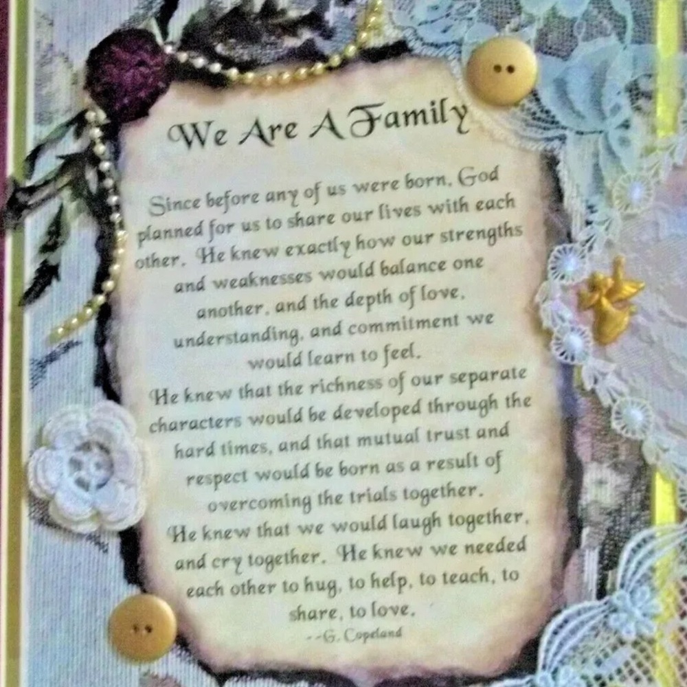 We are a family burgundy lace gold floral frame by G. Copeland 17.5” x 14.5”